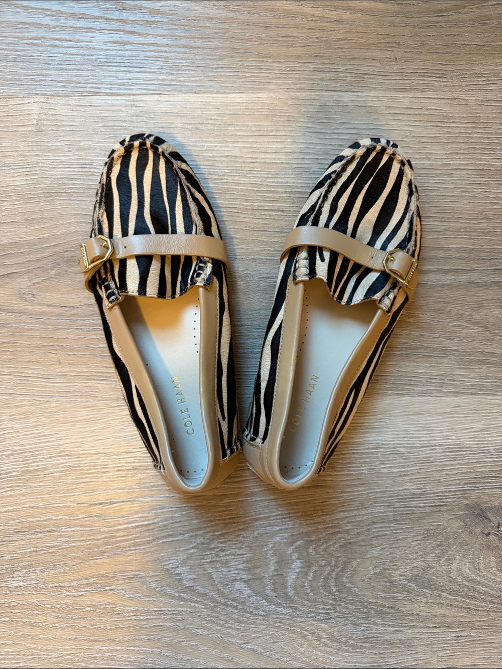 Cole Haan Zebra-Print Loafers with Tan Leather Strap